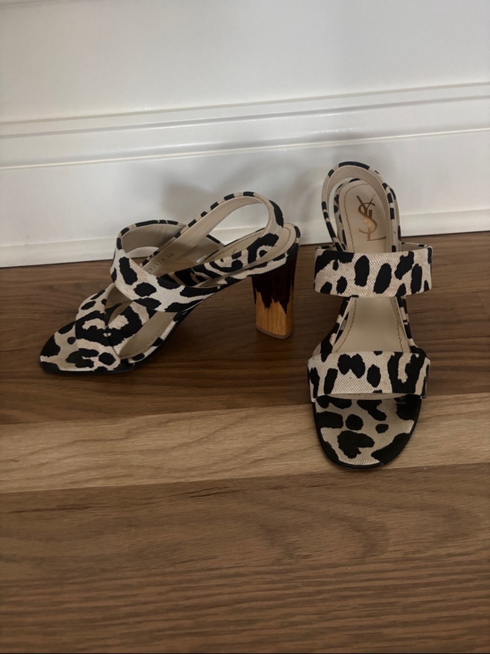 Yves Saint Laurent Black and Cream Leopard Print Block Heel Sandals
